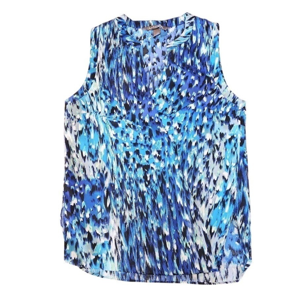 Charlie Jade Blue Abstract Ikat Faux Wrap Sleeveless Blouse Top Small A49